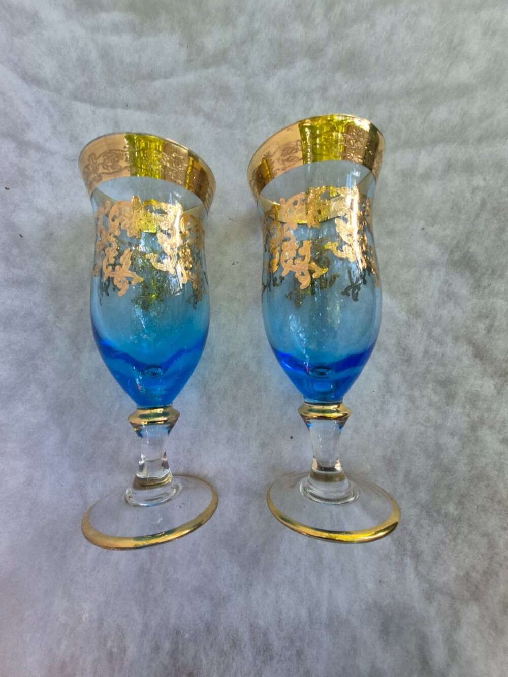Vintage Italian Style Cobalt Blue & 24K Gold Encrusted Wine Goblets 8 1/2in Hgt